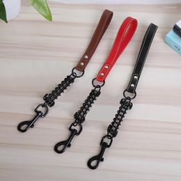 Dog Collars Short Chain Leash Explosion Proof Large Lead PU Leather Handle Big Leashes Spring Buffer Black Metal Pet Traction