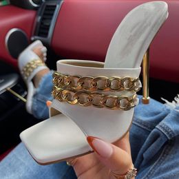 Slippers Women Metal Chain Mules 11.5CM High Heels Sandals Square Head Lady Slides Golden Apricot White Party Shoes