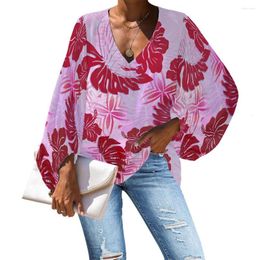 Women's Blouses 2023 Casual Loose Long Sleeve Shirt Polynesian Tribal Samoa Pink Floral Tops V-neck Female Beach Design Large Size Women