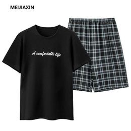 Men's Sleepwear Summer Knitted Cotton Men Short Tops Pants Two Pieces Set Pyjamas Mens Loose Plus Size L-4XL Clothing