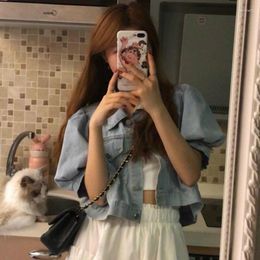 Women's Jackets Vintage Retro Puff Short Sleeve Denim Korean Fashion Women Crop Tops Loose Single Breasted Basic Sweet Jacket Chic Tunic