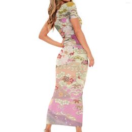 Party Dresses Japanese Cherry Blossom Pink Pattern Women Robe Sexy Bodycon Female Dress Fashion Short Sleeve Summer Casual