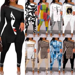 2023 New 3XL Women Two Piece Pants Matching Sets Sexy Pattern Printed Split Long Sleeve T Shirt Tops And Leggings Suit Plus Size