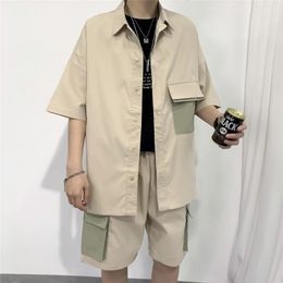 Men's Tracksuits Summer Sets Shirt And Shorts Fashion Oversize Clothing Cotton Patchwork Cargo Pocket Short Sleeve Casual Streetwe