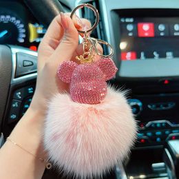 Creative Diamond Big Head Bear Key Rings Real Fur Fox Hair Car Key Chain Bag Pendant Fashion Small Gift