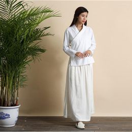 Active Shirts Women Yoga Shirt Linen Chinese Traditional Long Sleeve Sweatshirt Jogger Casual Tai Chi Kungfu Mediitation Sportswear