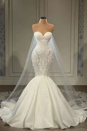 Sexy Sweetheart Lace Mermaid Wedding Dresses Illusion Satin Applique Beaded Backless Beach Sweep Train Bridal Gown BC14915