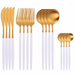 Dinnerware Sets Kitchen Tableware Flatware Set Stainless Steel Cutlery Spoon Fork Knife Dinner White And Gold Drop