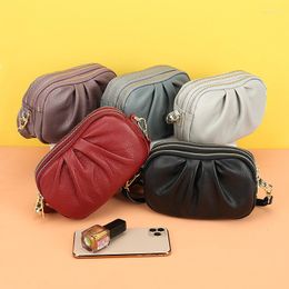 Evening Bags Genuine Cow Leather Pleated Phone Bag Three Zippers Casual Cowskin Shoulder Fashion Women Cowhide Long Wallet Purse Handbag