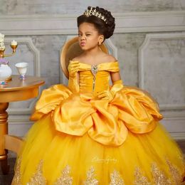 Yellow Lace Crystals Flower Girl Dresses Bateau Balll Gown Little Girl Wedding Cheap Communion Pageant Gowns