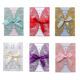 Greeting Cards 10Pcs/Set Hollow Laser Cut Wedding Invitations Elegant Engagement Fashion Invitation Card With Ribbon 6 Colours Optional