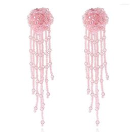 Dangle Earrings Fahion Pink Flower Statement Drop Women Jewellery Ethnic Vintage Handmade Champagne Bead Long Tassel Wholesale