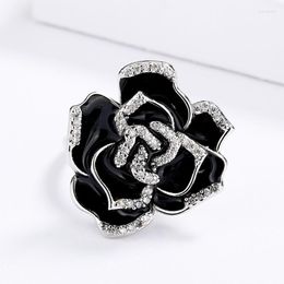 Cluster Rings Sterling Silver Exquisite Enamel Drip Oil Colour Black Flower Ring For Ladies Party Wedding Jewellery GiftCluster Brit22