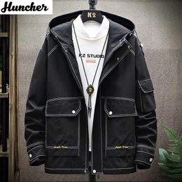 Men's Jackets Huncher Men Jacket 2023 Cargo Hooded Windbreaker Hip Hop Japanese Streetwear Korean Vintage Black For Male Coat