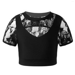 Stage Wear Kids Girls Ballet Dance Crop Tops Summer Short Sleeve Shirt Hollow Out See Through Embroidered Lace Dancewear Running Sport Top