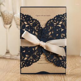 Greeting Cards WISHMADE White Navy Blue Laser Cut Invites With Floral Wedding Invitations For Birthday Engagement Bridal Shower 50pcs/lot