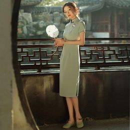Ethnic Clothing Big Size 3xl Green Satin Chinese Dress Slim Lady Vintage Button Qipao Embroidery Floral Cheongsam Retro Mandarin Collar Vest