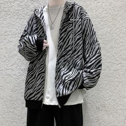 Men's Hoodies 2023 Autumn Mens Sweatshirts Fashion Zebra Pattern Zipper Hooded Coat Korean Street Wear Hip Hop Baggy Tops Clothing