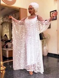 Ethnic Clothing African Dresses For Women Plus Size Long Dress White Lace Maxi Clothes O-Neck Ruffles Sleeve Party Club