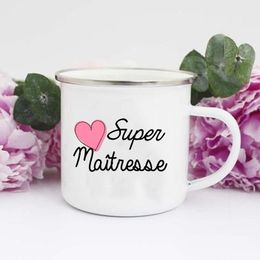 Mugs French Super Teacher Print Creative Coffee Cups Drinks Water Milk Cup Enamel Mug School Home Handle Drinkware GiftsMugs