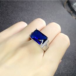 Men wedding ring European and American style blue crystal square white gold ring Gentlemen geometric rectangular zircon diamond party ring jewelry gift adjustable