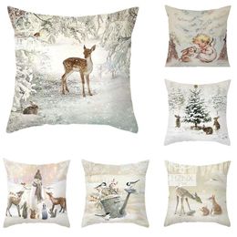 Pillow Case Vintage Elk Christmas Cushion Cover Winter Snow Pillowcase Decor Fairy Lights Cute Cartoon Snowman Pillowcover Home Decorative