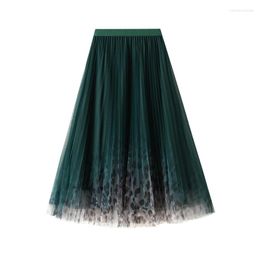 Skirts Print Mesh Women 2023 Autumn Winter Vintage Elastic High Waist Midi Long Pleated Skirt Elegant Fashion Dots Black Brown
