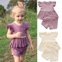 Clothing Sets MUABABY 1-5Years Children Girls Summer Kids Ruffles Sleeve Cotton Ribbon T-shirts Tops Shorts Casual Outfits