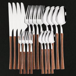 Flatware Sets Tableware Glossy Wood Silver Dinnerware Set Stainless Steel Western Silverware Knife Fork Teaspoon Cutlery