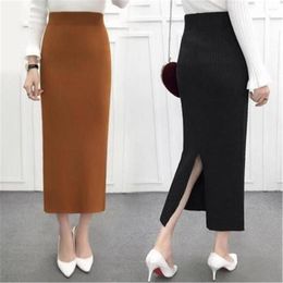 Skirts Women's Autumn Pencil Knitted Skirt High Waist Warm Elegant Knitting Ribbed Female 2023 Plus Size Winter Party