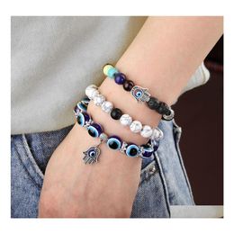 Link Chain 2Pcs Evil Blue Eye Beaded Charm Stretch Bracelet 7 Chakras Gemstone Lava Stone Hamsa Hand Bracelets Drop Delivery Jewellery Dhfbz