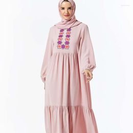 Ethnic Clothing Abaya Muslim Long Skirt Fashion Women's Plant Embroidery Pocket Stitching Dress With Turban Elegant Robe