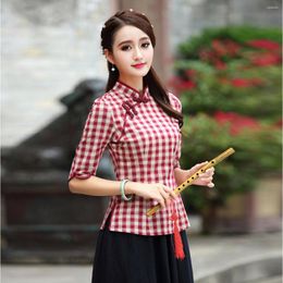 Ethnic Clothing Cheongsam Women Plus Size Short Tops 2023 Autumn Cotton Blend Plaid Splicin Stand Collar Chinese Style Retro Qipao Shirts