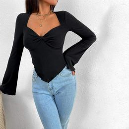 Women's T Shirts Spring Autumn Women V Neck Ruched Black Long Sleeve Sexy Tees Streetwear Skinny Basic Casual Y2K Cropped Tops