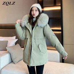 Women's Down & Parkas ZQLZ Cotton Padded Coat Women Winter 2023 Long Parka Female Loose Solid Hooded Fur Collar Plus Size Warm Black Jacket