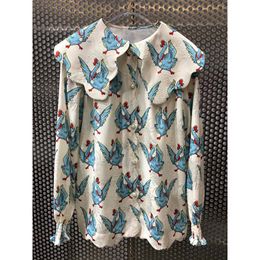 Women's Blouses & Shirts Style 10.28 Women Shirt Lapel Single Breasted Swan Print Jacquard Pattern Long Sleeve Vintage Loose BlouseWomen's