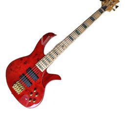 Lvybest 5 Strings Red Body Electric Bass Guitar with Gold Hardware Maple Veneer Provide Customized Service