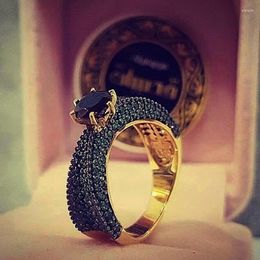 Wedding Rings Fashion Gold Colour Black Zircon Crystal For Women Bride Engagement Ring Birthday Party Anniversary Gift Jewellery