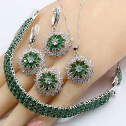 Necklace Earrings Set 925 Silver For Women Flower Shape Green Semi-precious Pendant Bracelets Rings Free Gift Box