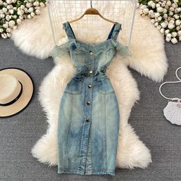 Abiti casual in denim 2023 Stile sexy Nuovo arrivo Ins Cintura in vita Maglia a pois Ruffles Cuciture Abiti aderenti midi femminili Abiti femminili