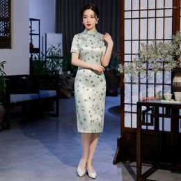 Ethnic Clothing FZSLCYIYI Chinese Traditional Woman Daily Flower Printed Cheongsam Elegant Slim Satin Knee-Length Qipao Oversize 4XL