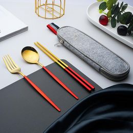 Dinnerware Sets Stainless Steel Portable Tableware Set Of Three-piece Outdoor Travel Portuguese Students Cutlery Three Bags