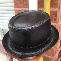 Wide Brim Hats Big Size Leather Pork Pie Hat For Dad Fedora Men Boater Flat Top Gentleman Bowler Porkpie