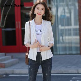 Women's Suits & Blazers Plus Size Coats 2023 Spring Cotton Middle Sleeve Stripe Slim Fit Small Jackets Ladies Skinny