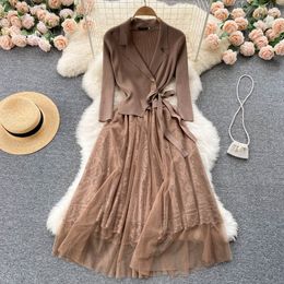 Autumn Winter Dresses Women V-hals Sash Tie Up Vintage Lady Lace Mesh Patchwork Casual Sticking Dress 2023