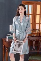 Women's Sleepwear Women 2PCS Robe Gown Sets Embroidery Lace Kimono Bathrobe Sexy V-Neck Nightdress Casual Bride Lingerie Home Clothes