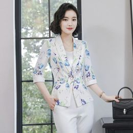 Women's Suits Office Lady Formal Fashion Women Blazers And Jackets Notched Slim Print Coat Half Sleeve Blazer Feminino &