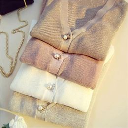 Women's Knits 2023 Knitted Jacket Women's Ice Silk Thin Short Section Loose Western Style All-match V-neck Bright Cardigan H2188