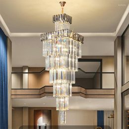Pendant Lamps High-end Villa Staircase Lamp Duplex Building Chandelier Light Luxury Square Crystal Living Room Long