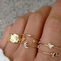 Cluster Rings Boho Vintage Golden Crystal Star Moon Ring Set Women's Fashion Geometric Bow Knot Open Round Charm Wedding Jewellery GiftClu